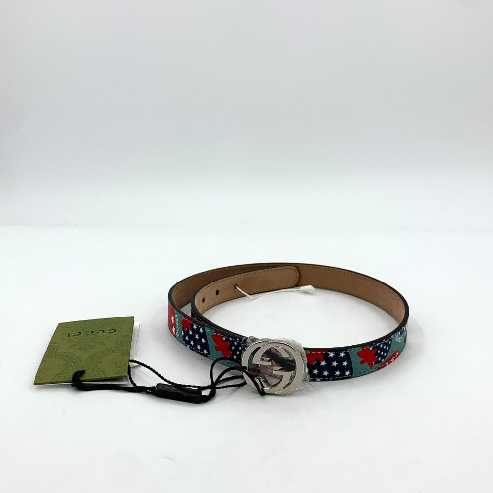 H18724 Gucci color matching strawberry print logo smooth buckle belt 2*72cm new - Picture 3 of 6